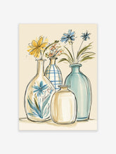 Still life flower print with four vases and blue yellow blooms on beige background