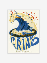 Blue wave rising from yellow coffee cup with GRIND lettering and Rise & Grind text on cream background