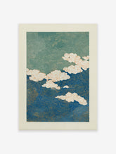 Abstract blue and green poster with swirling wave patterns and white clouds outlined in orange, in a Japanese art style.