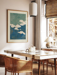 Abstract blue and green poster with swirling wave patterns and white clouds outlined in orange, in a Japanese art style. - Image 2
