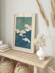 Abstract blue and green poster with swirling wave patterns and white clouds outlined in orange, in a Japanese art style. - Image 4