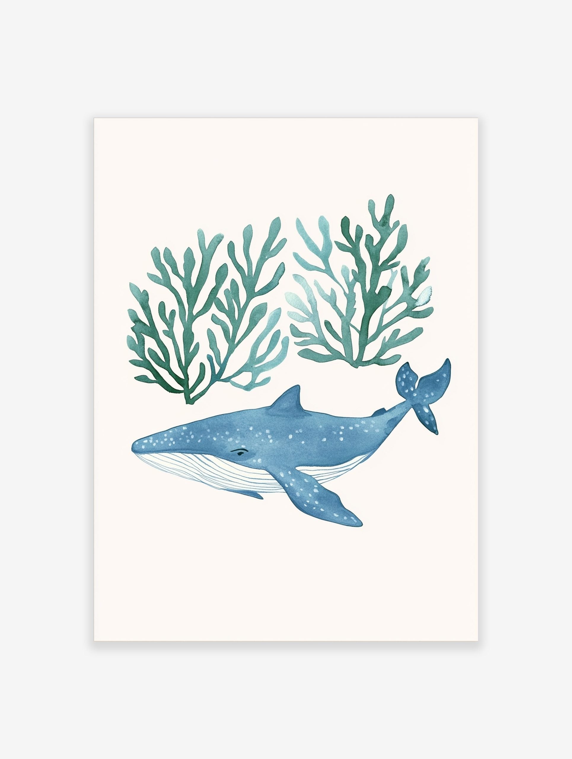 Watercolour illustration of a blue whale with white spots swimming below two clusters of teal seaweed on a white background