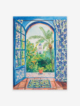 Blue Window Garden Poster showing a vibrant Moroccan garden with orange trees, palm, blue dome, and tiled floor.