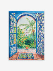 Blue Window Garden Poster showing a vibrant Moroccan garden with orange trees, palm, blue dome, and tiled floor.