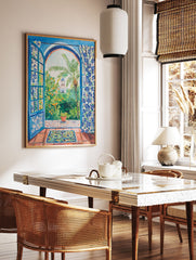 Blue Window Garden Poster showing a vibrant Moroccan garden with orange trees, palm, blue dome, and tiled floor. - Image 2
