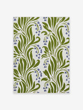 Bluebell woodland botanical art print with green leaves and blue flowers on white background