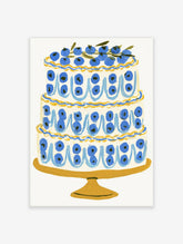 Blueberry cake illustration with blue berries and wavy icing on a yellow stand