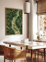 A stylized green landscape poster showing a wooden boat on a winding river within a lush maze of hedges, titled Boat Maze River Art. - Image 2