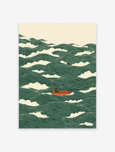 Boat poster featuring an orange boat on stylized green waves with a Japanese art style.