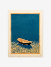 Japanese woodcut style boat art print on teal water with an orange decorative border.