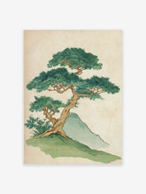 Illustrative print of a gnarled bonsai-style tree with dense green leaves on a grassy hill next to a blue rock