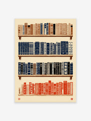 Bookshelf art print showing four shelves of abstractly patterned books in brown, blue, and red on a cream background.