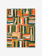 Colourful bookshelf art print with stacked books, plant and jug in red, blue and green