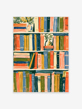 Colourful bookshelf art print with painted book spines and small vases of foliage on four shelves