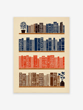 Illustrated bookshelf wall art print with blue, red, and brown books, a potted plant, and a flower vase on cream background.