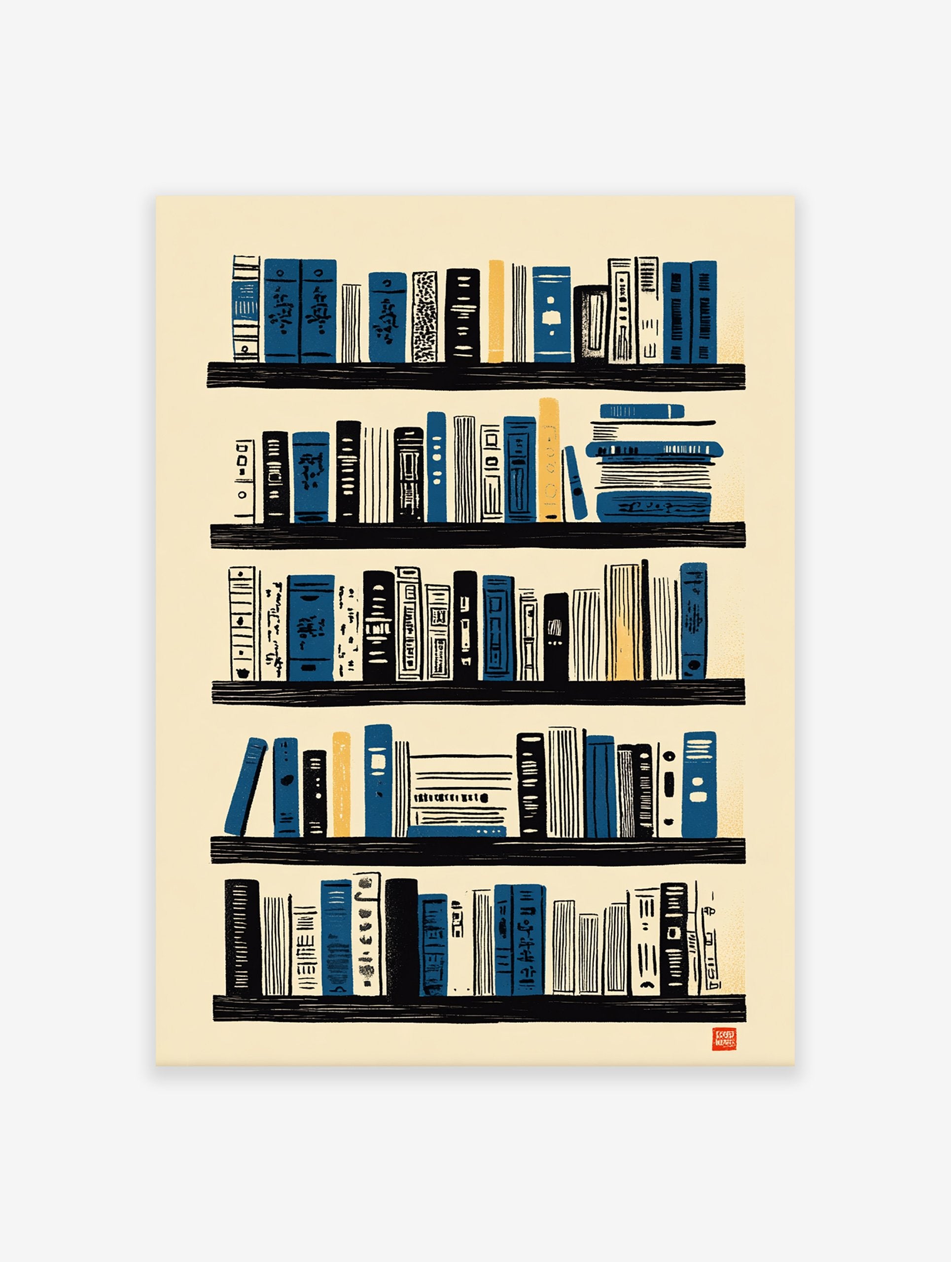 Illustrative bookshelf wall art print with blue, black, and yellow books on cream background for library decor.