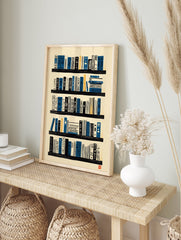 Illustrative bookshelf wall art print with blue, black, and yellow books on cream background for library decor. - Image 3