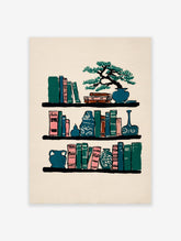 Illustrative bookshelf wall art print featuring colorful books, a bonsai tree, and decorative vases on a light beige background.