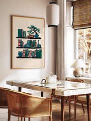 Illustrative bookshelf wall art print featuring colorful books, a bonsai tree, and decorative vases on a light beige background. - Image 2