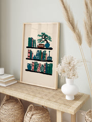 Illustrative bookshelf wall art print featuring colorful books, a bonsai tree, and decorative vases on a light beige background. - Image 3
