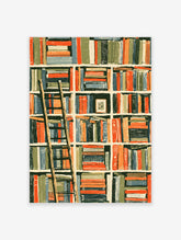 Bookshelf poster with wooden ladder, stacked books, and small framed picture in orange, navy, and olive