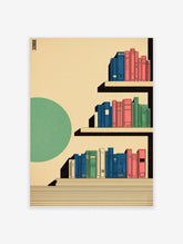 Modern bookshelf wall art illustration with colorful blue, pink, and green books on beige shelves and a green circle.