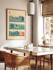 Woodblock print of three bookshelves filled with blue, teal, and red books on a beige background with a red stamp. - Image 2
