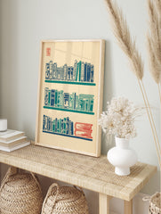 Woodblock print of three bookshelves filled with blue, teal, and red books on a beige background with a red stamp. - Image 3