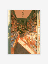 Illustrated bookshop interior with wooden shelves, books, records, and a browsing figure in warm orange light