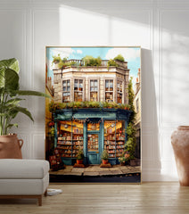 Illustrated poster of a charming blue bookshop named 'The Bookish Corner' filled with books and plants, under a blue sky. - Image 3