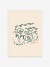 Green line art boombox sketch on cream background with orange wire accents