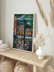 Vibrant illustrative painting of Borough Market in London with people, stalls, and buildings under an arched roof, displayed as the same artwork in an alternate framed wall art mockup
