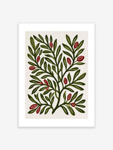 Botanical illustration print of green leafy branches with red berries on a cream background