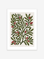 Botanical illustration print of green leafy branches with red berries on a cream background