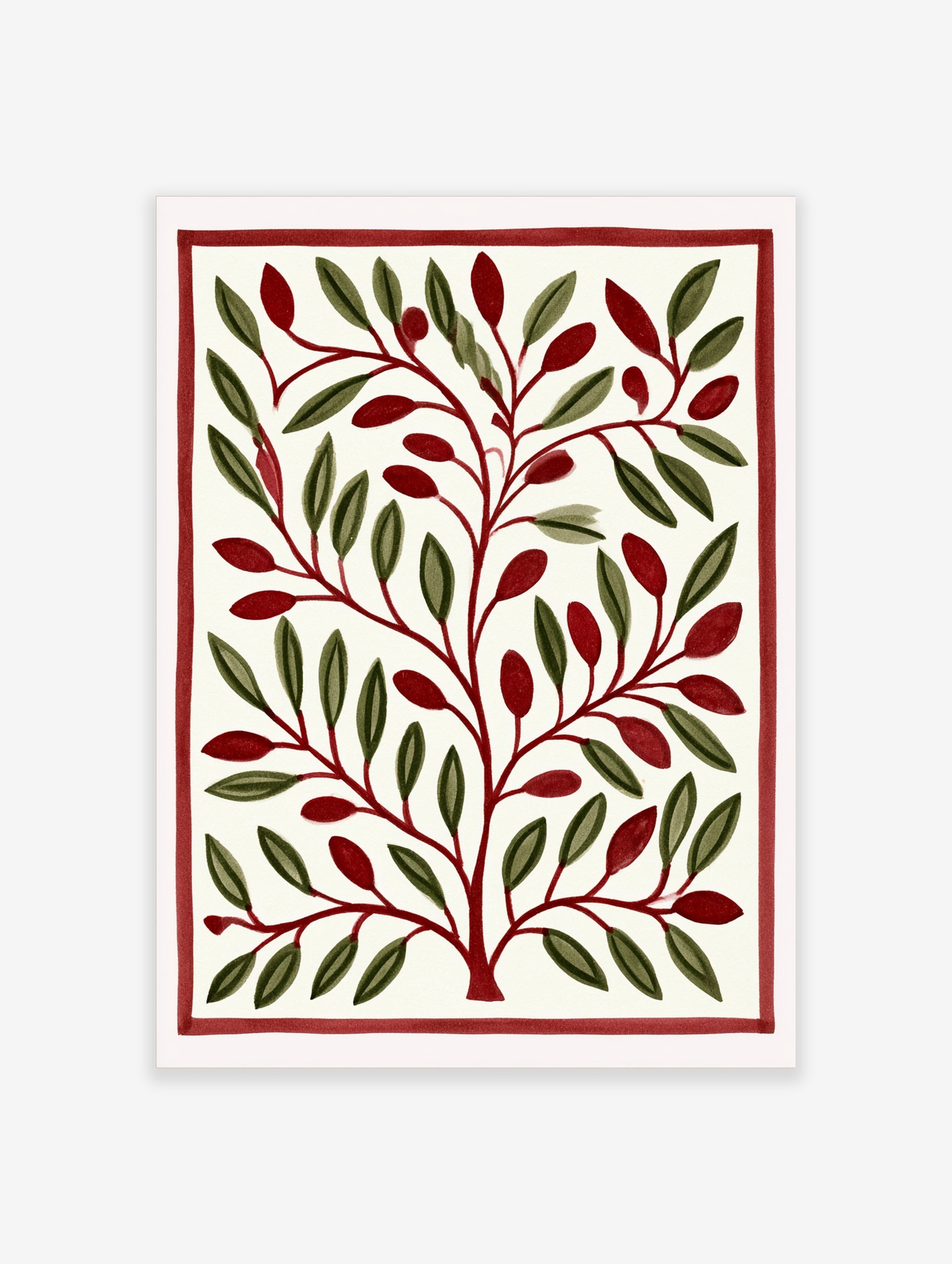 Stylised botanical illustration with green leaves and red berries inside a red border on a cream background