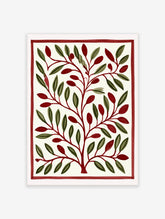 Stylised botanical illustration with green leaves and red berries inside a red border on a cream background