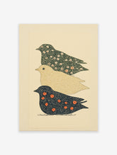 Stacked botanical bird wall art print featuring three birds with intricate floral and geometric patterns in green, gold, and blue.