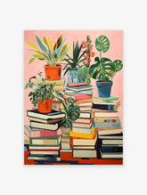 Botanical bookshelf poster featuring potted plants on stacks of colorful books against a pink background.