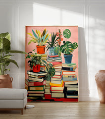 Botanical bookshelf poster featuring potted plants on stacks of colorful books against a pink background. - Image 3