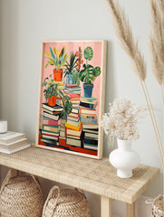 Botanical bookshelf poster featuring potted plants on stacks of colorful books against a pink background. - Image 4