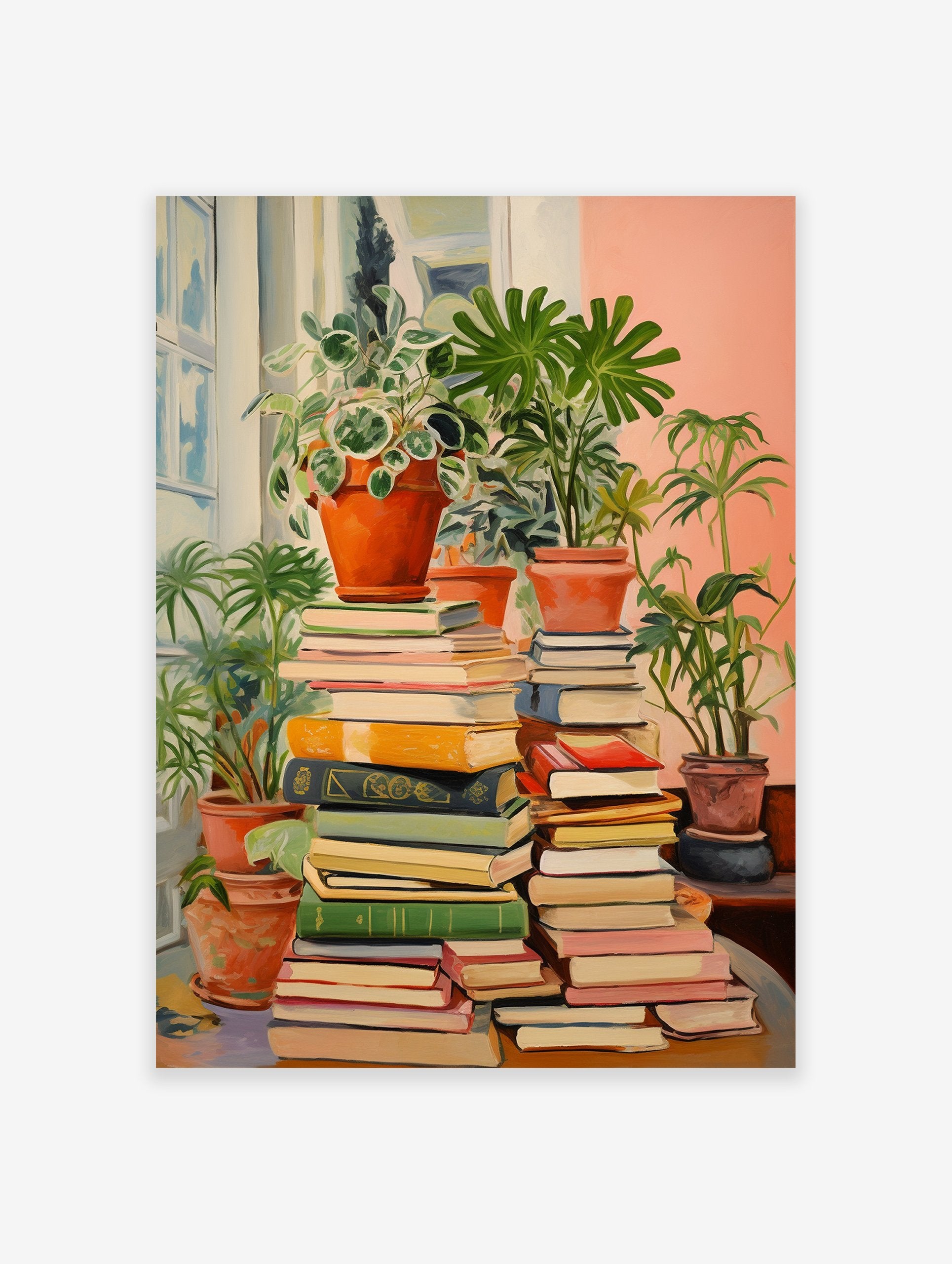 Botanical bookshelf poster featuring stacks of colorful books and various potted green plants by a window.