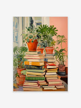 Botanical bookshelf poster featuring stacks of colorful books and various potted green plants by a window.