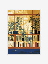 Botanical bookshelf wall art with potted plants in a window and books on shelves, in yellow, blue, and brown tones.