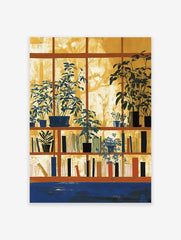 Botanical bookshelf wall art with potted plants in a window and books on shelves, in yellow, blue, and brown tones.