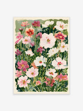 Botanical cosmos flower wall art print with white and pink petals and green leaves on a textured paper background