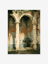 Botanical courtyard art print with stone arches, climbing green vines, and a potted orange tree