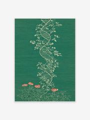 Botanical DNA double helix wall art with white vines, green leaves, and red flowers on a green textured background