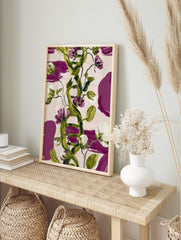 Green DNA helix with purple and white flowers botanical art print on a pale pink background, in an alternate framed mockup