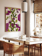 Green DNA helix with purple and white flowers botanical art print on a pale pink background with, in a styled room mockup