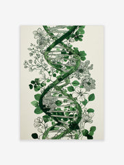 Green DNA helix intertwined with black outline botanical flowers and leaves on a light background